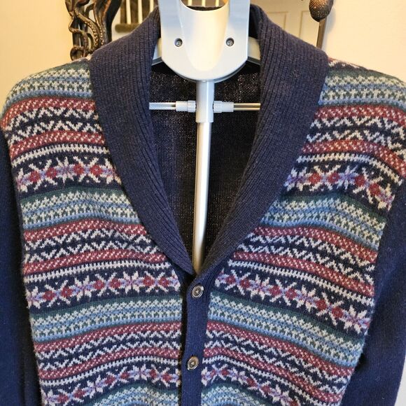 Brooks Brothers Italian Yarn Merino Wool Fair Isle Cardigan Sweater Mens L Navy - Picture 1 of 5